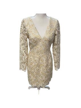 Dress the Population Women's BeigeLace V-Neck Knee Length Dress NWOT Size M